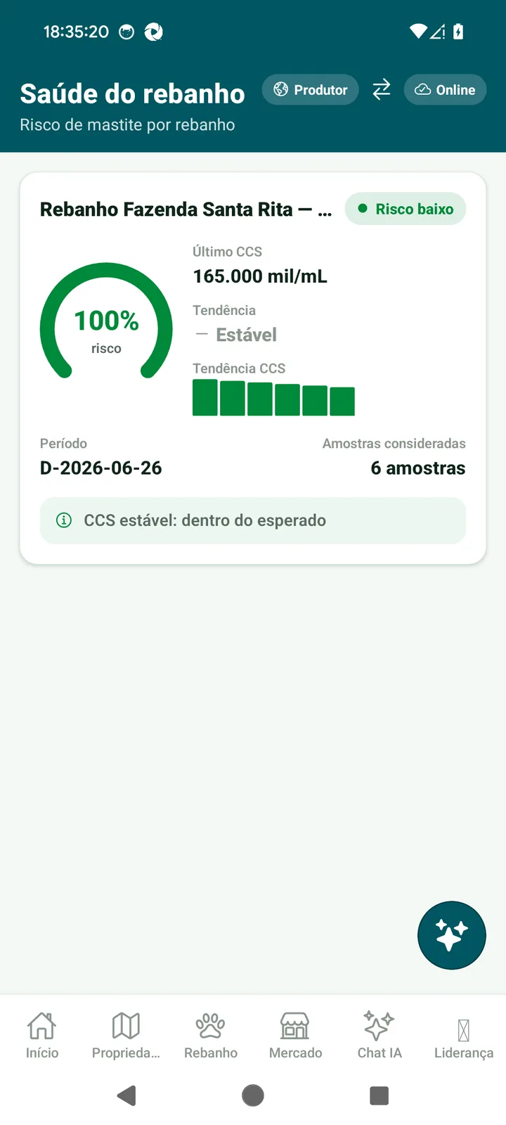 Saúde do rebanho, tela do JedIN AgroTech