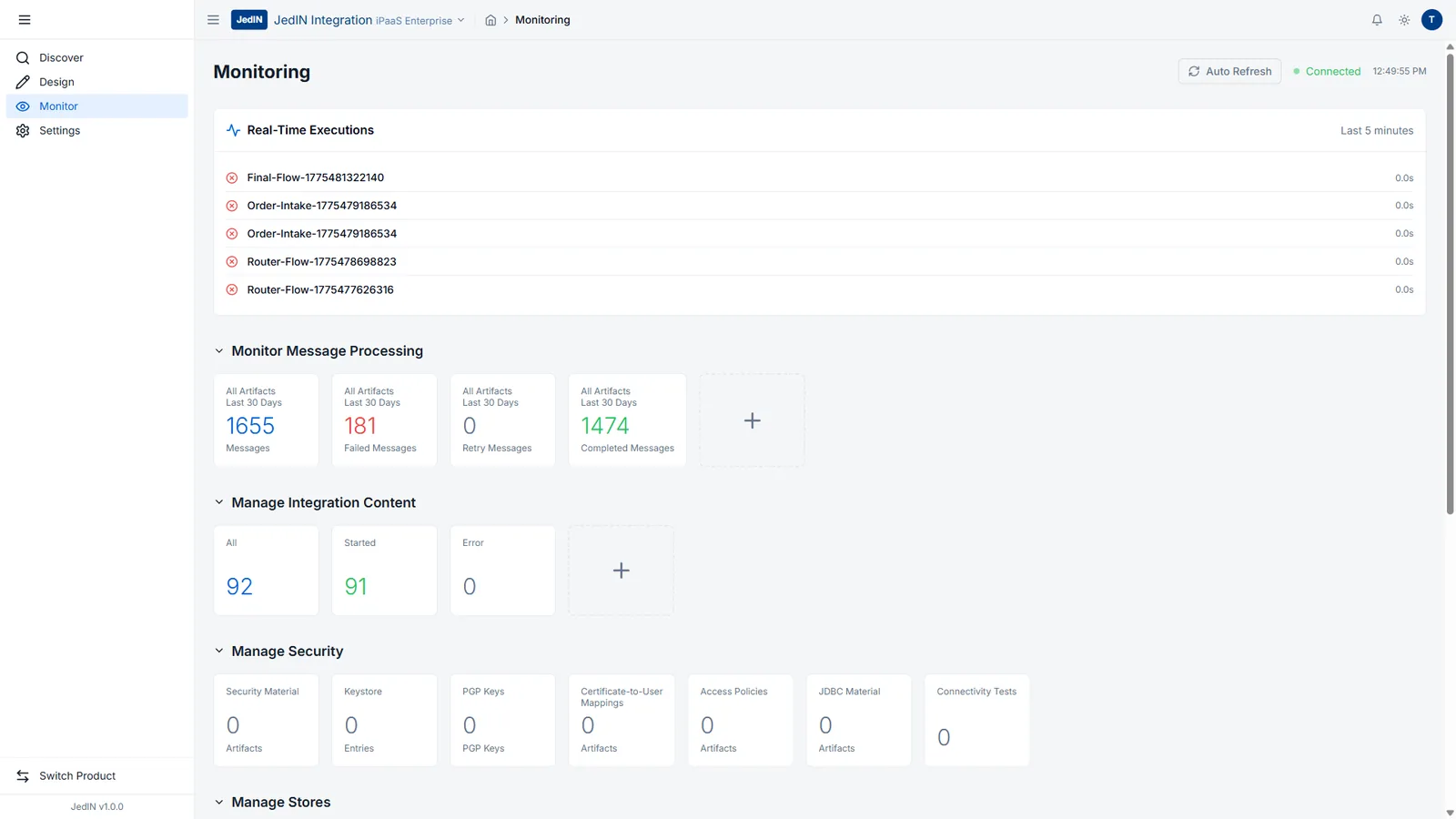 Monitoramento em tempo real, tela do JedIN Integration