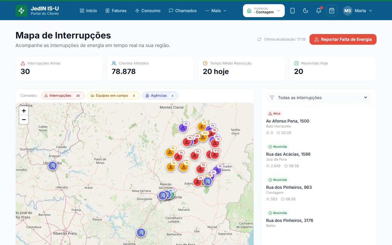 Interrupções no mapa, tela do JedIN Utilities