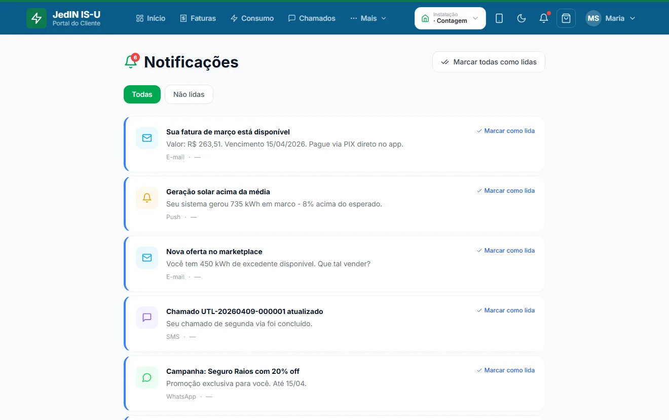Campanhas e notificações, tela do JedIN Utilities