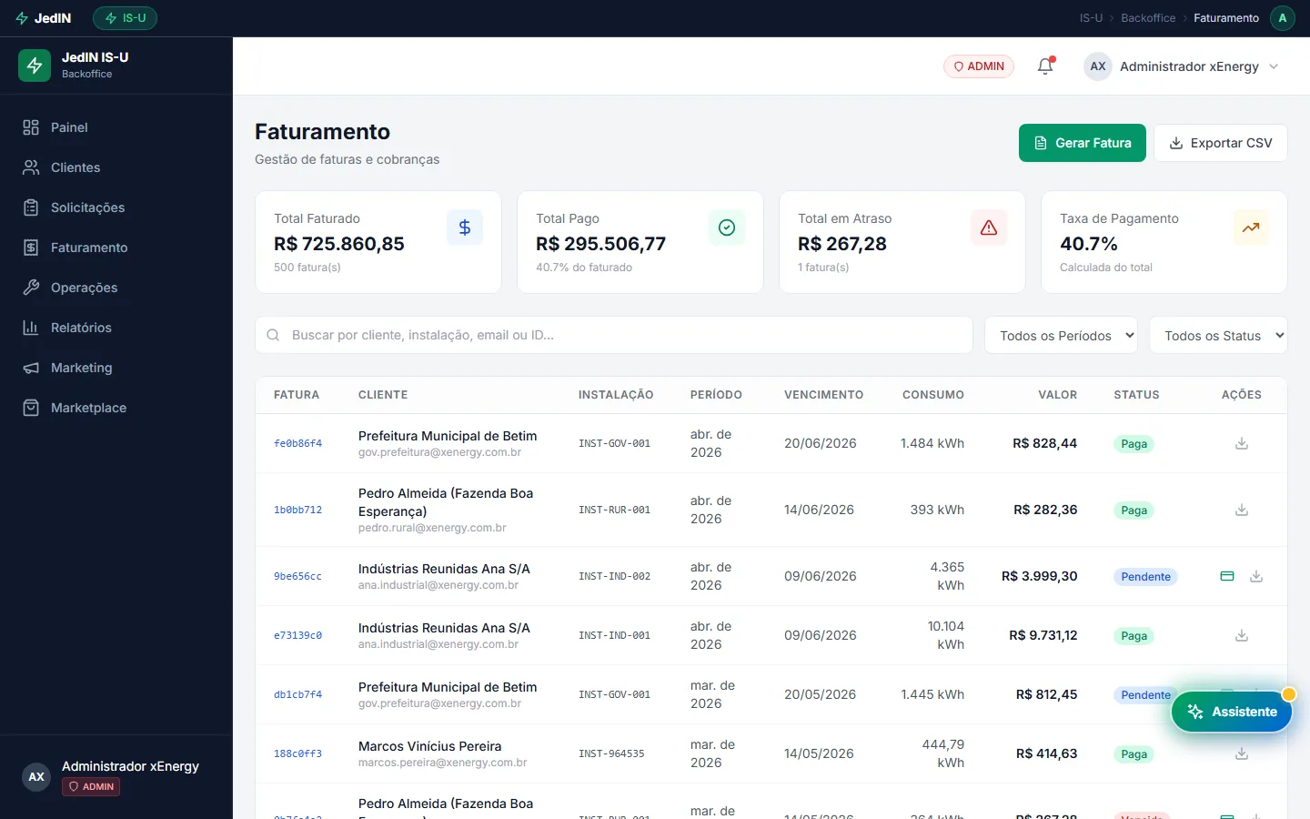 Cobrança e faturamento, tela do JedIN Utilities