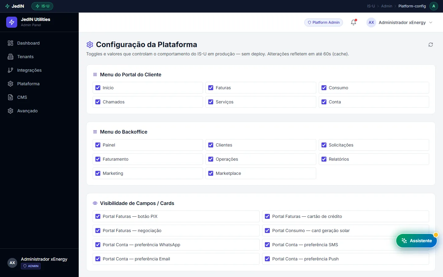 White-label por tenant, tela do JedIN Utilities
